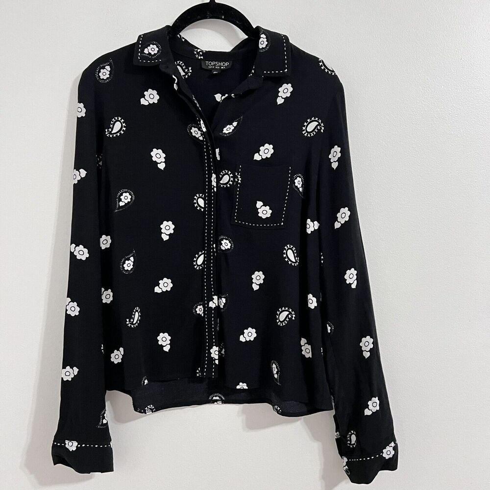 Topshop Black Button Up Printed Top Size US 0 Long Sleeve Floral Western Collar